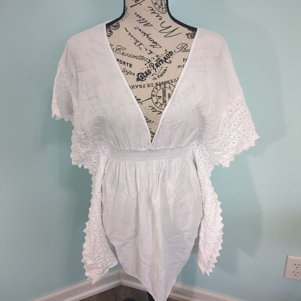 Sea Spice Women's Dress Cover Up medium White Cotton Embroidered 3/4 Sleeve Res
